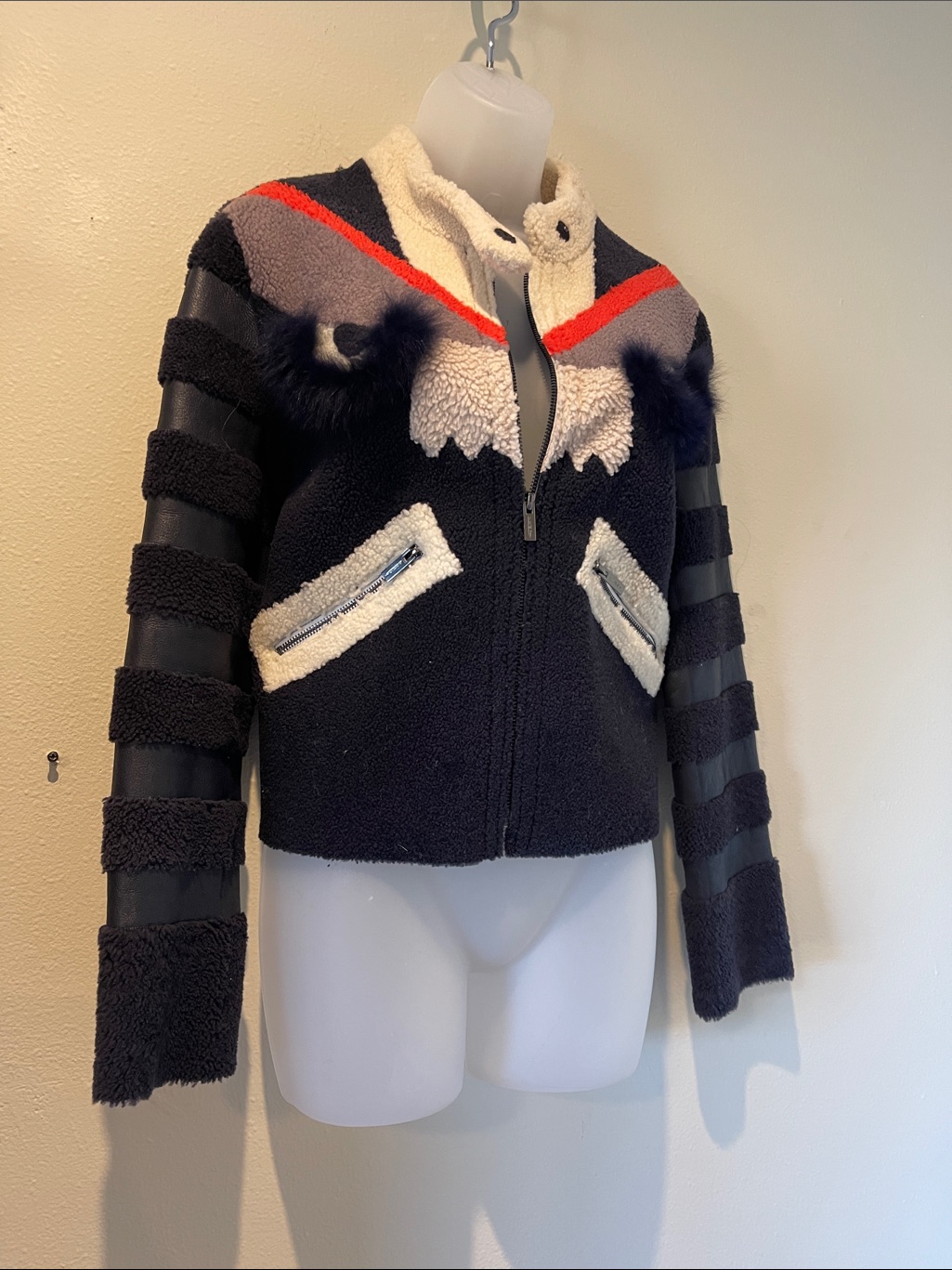 Textured Shearling Zip-Up Jacket With Cream & Red Accents